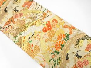 アンティーク　地紙に桧扇・鶴・草花模様織り出し丸帯（着用可）